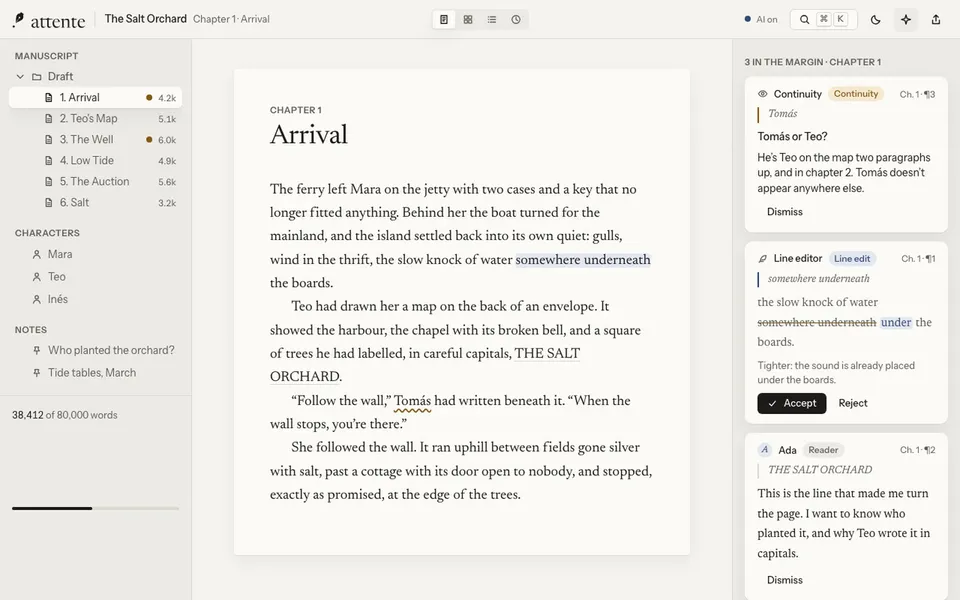 The writer types a new sentence at the end of the chapter. The notes in the margin stay exactly where they are.