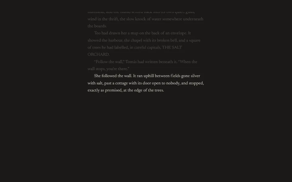 Attention mode: only the page and the words, with everything else put away.