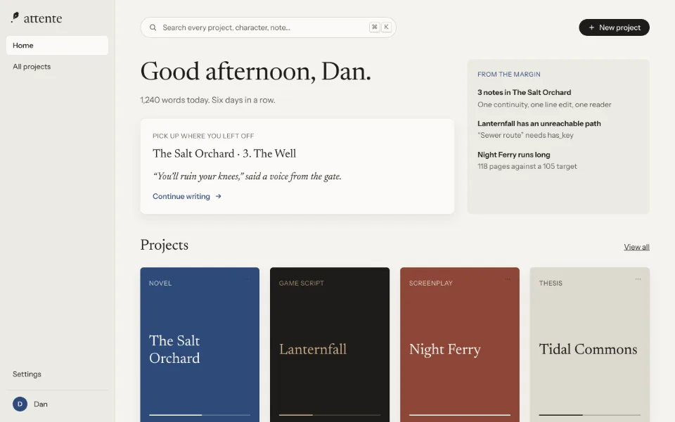 The home screen: where you left off, a quiet summary of what's in the margin, and projects as coloured covers for a novel, a game script, a screenplay and a thesis.