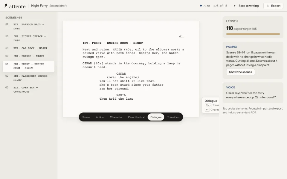 A screenplay page in industry format: scene headings, action, character cues and dialogue.