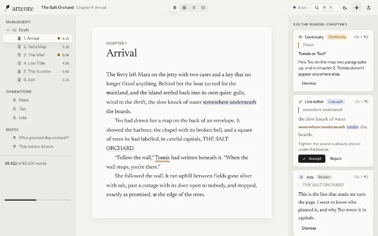 A chapter open on a quiet page, with the binder on the left and three notes in the margin on the right: a continuity question, a line edit shown as a tracked change, and a beta reader's reaction.